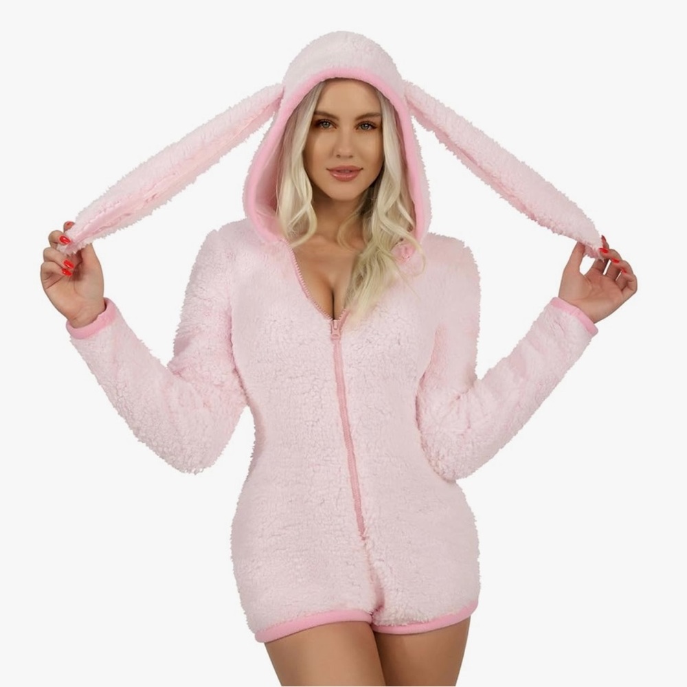 Costume Adult/Giggling Getup/Cozy Pink Bunny Costume Outfit/Sherpa Hooded/SIZE L